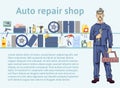 Auto repair shop. Mechanic man holding a wrench. Vector illustration with copy space, template for advertising flyer or Royalty Free Stock Photo