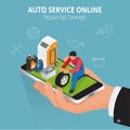 Auto repairing concept. Auto service online. Car repair service center. Tire service flat set with shop car repair