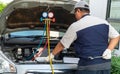 Auto repairman checks the engine and cooling system before traveling on a long holiday. Concept of Car care and maintenance from