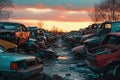 Auto scrap junkyard. Recycling of wrecked automobile used car parts Royalty Free Stock Photo