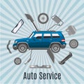 Auto service and car spares top view vector illustration. Auto diagnostics test service, protection insurance shop