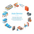 Auto Service 3d Banner Card Circle Isometric View. Vector