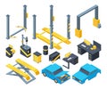 Auto service with different equipment. Mechanic tools for automobile diagnostic. Cartoon isometric illustrations
