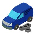 Auto service icon isometric vector. Several new automobile tire near blue car