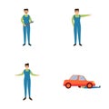 Auto service icons set cartoon vector. Car mechanic character during work Royalty Free Stock Photo