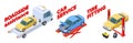 Auto service isometric. Roadside assistance, tire fitting, car repair service vector illustration. Isometric cars, tow