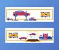 Auto service and repair maintenance banners set, vector illustration. Cars diagnostic equipment, repair tools, auto
