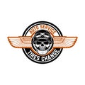 Auto service. Tires change. Emblem with racer skull and wings. Design element for logo, label, emblem, sign, badge.