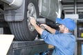 Auto services and Small business concepts. The car service mechanic is replacing the wheels. Removing the wheel