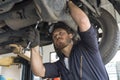 Auto services and Small business concepts. Auto mechanic hands using wrench to repair a car engine