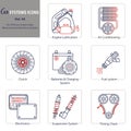 Set of 8 car parts icons. Flat vector drawings on white background.