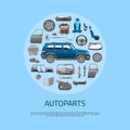 Auto spare parts icons concept banner. Car service vector illustration. Car detail, repair, gear brake, seat, windshield