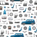 Auto spare parts icons seamless pattern. Car service vector illustration. Car detail, repair, gear brake, seat