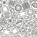 Auto spare parts pattern. Seamless print of mechanic car parts, linear texture of oil filter, timing belt, radiator and Royalty Free Stock Photo