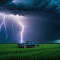 a auto standing in a field in front of a lighning dramatic lightning