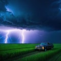a auto standing in a field in front of a lighning dramatic lightning
