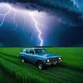 a auto standing in a field in front of a lighning dramatic lightning