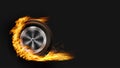 Auto tire in fire burning wheel on background Royalty Free Stock Photo