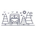 Auto trip through the Christmas tree forest. Isolated illustration on white. Recreation in nature, tourism