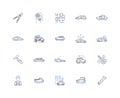 Auto tune-up line icons collection. Maintenance, Inspection, Diagnosis, Tune-up, Repair, Sparkplugs, Fuelinjectors