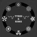 Auto tyres and rims on an abstract background