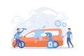 Auto wash attendants cleaning the exterior of the vehicle with special equipment. Car wash service, automatic carwash, self-serve Royalty Free Stock Photo