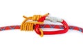 Autoblock Machard or French Prusik knot, with a locked carabiner, isolated on white background.