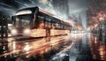 An autobus in a big city with diverse traffic light spots on a rainy day.