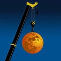 Autocrane lifts the moon. Vector illustration.