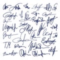 Autographs handwritten pen signatures for digital documents. Hand signature templates, isolated abstract autograph