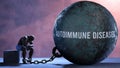 Autoimmune diseases and an alienated suffering human. A metaphor showing Autoimmune diseases as a huge prisoner's ball b