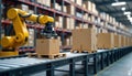 Automated arm places cardboard boxes on pallets in smart warehouse. Tech process in logistics center. Automation, tech improve