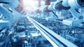 An automated assembly line operates with precision, featuring robot manipulators focused on producing high-tech electric