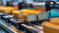 industrial food processing, an automated bread slicer efficiently and precisely processes food in a bakery, increasing
