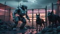 Automated Building Security - Futuristic AI Concept of Robots and Robot Dogs on Patrol