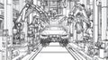 Automotive Assembly Line with Robotic Arms Manufacturing Car - Blueprint Style Royalty Free Stock Photo