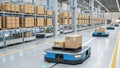 Automated cargo management system in action with robots transporting boxes in warehouse. Efficient logistics and modern technology