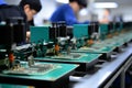 Automated chip mounter in printed circuit board workshop with high tech machinery