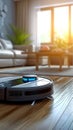 Automated cleaning Smart robot vacuum in action, tidying up living room