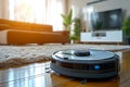 Automated cleaning Smart robot vacuum in action, tidying up living room