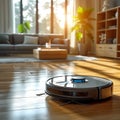 Automated cleaning Smart robot vacuum in action, tidying up living room