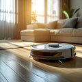 Automated cleaning Smart robot vacuum in action, tidying up living room