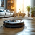 Automated cleaning Smart robot vacuum in action, tidying up living room