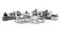 Automated CNC Machine Tooling System with Robotics and Equipment on White Backdrop Factory Automation and Manufacturing Royalty Free Stock Photo