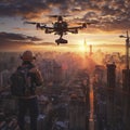 Automated Construction Drones in Action Urban Development Sunset Lighting Royalty Free Stock Photo