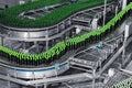 Automated conveyor line in a brewery. Rows of green glass bottles on a conveyor belt.