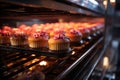 Automated conveyor whisks freshly baked cakes through the production process