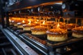 Automated conveyor whisks freshly baked cakes through the production process