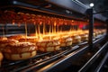 Automated conveyor whisks freshly baked cakes through the production process