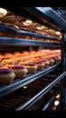 Automated conveyor whisks freshly baked cakes through the production process
